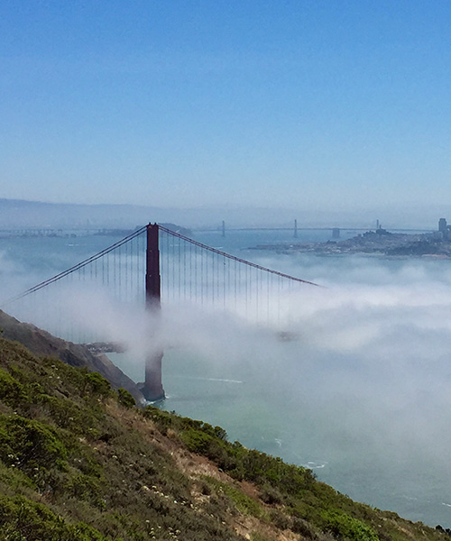 San Fransisco bridge half covered in carl the fog and city skyline