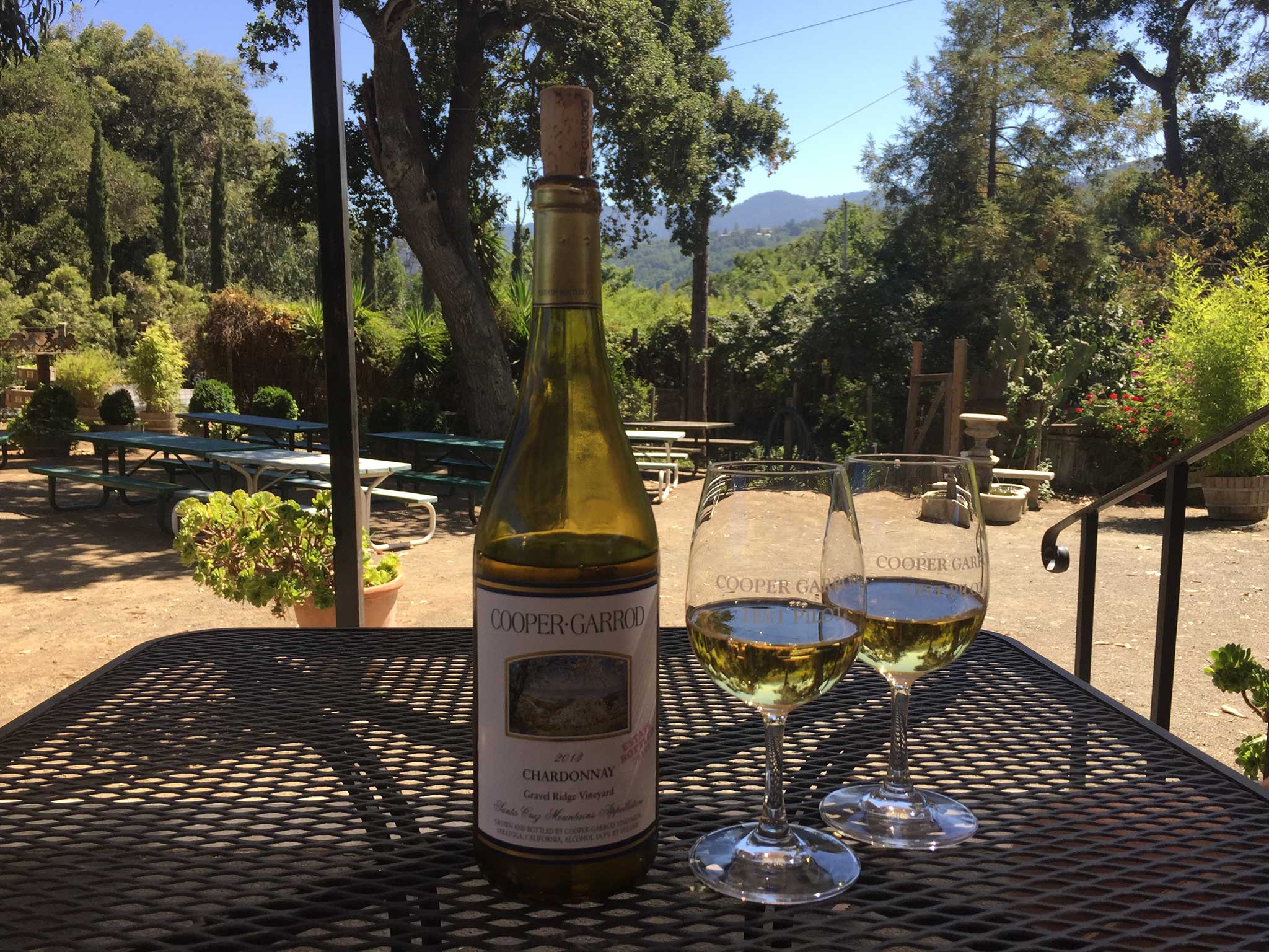Outdoor table with a bottle of wine and two glasses.
